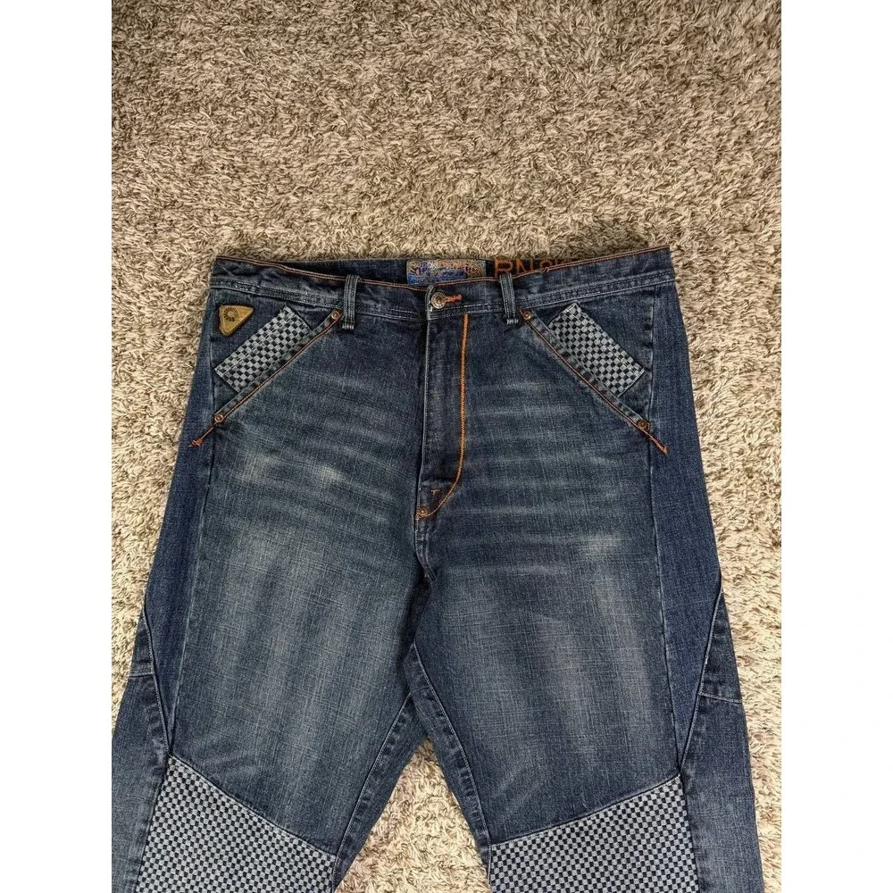Akademiks Baggy Jeans Y2K Hip Hop Streetwear Skate Denim Checkered Panel Mens 38